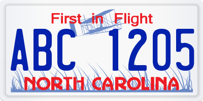 NC license plate ABC1205