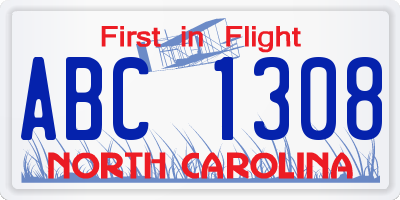 NC license plate ABC1308