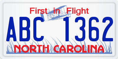 NC license plate ABC1362