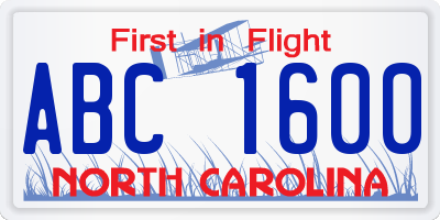 NC license plate ABC1600