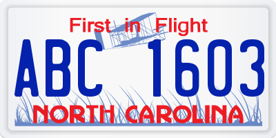 NC license plate ABC1603