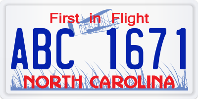 NC license plate ABC1671