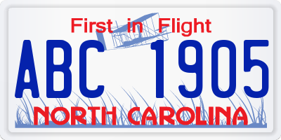 NC license plate ABC1905