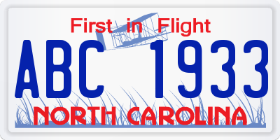 NC license plate ABC1933