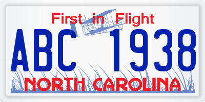NC license plate ABC1938