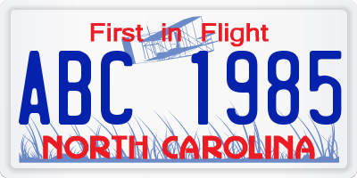 NC license plate ABC1985