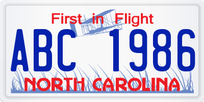 NC license plate ABC1986