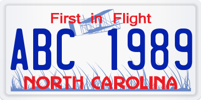 NC license plate ABC1989