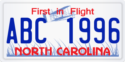 NC license plate ABC1996