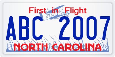 NC license plate ABC2007