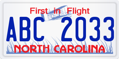 NC license plate ABC2033