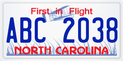 NC license plate ABC2038