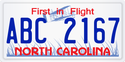 NC license plate ABC2167