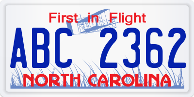 NC license plate ABC2362