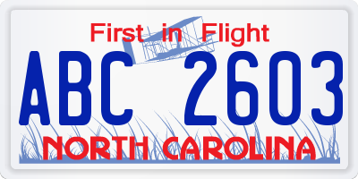 NC license plate ABC2603