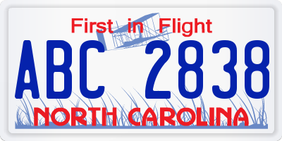 NC license plate ABC2838