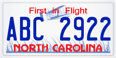 NC license plate ABC2922