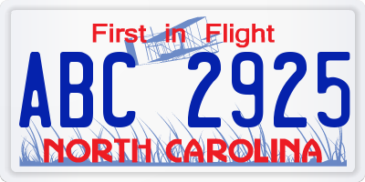 NC license plate ABC2925