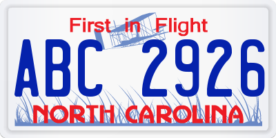 NC license plate ABC2926
