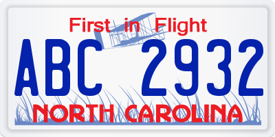 NC license plate ABC2932