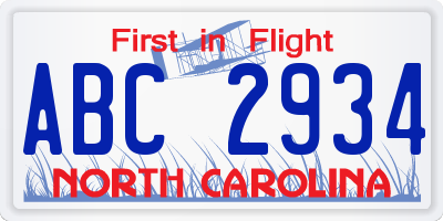 NC license plate ABC2934