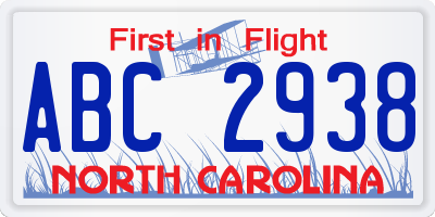 NC license plate ABC2938