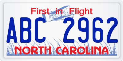 NC license plate ABC2962