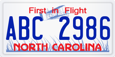 NC license plate ABC2986