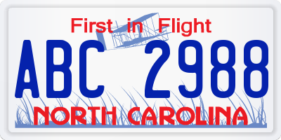NC license plate ABC2988