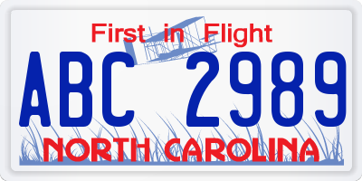 NC license plate ABC2989