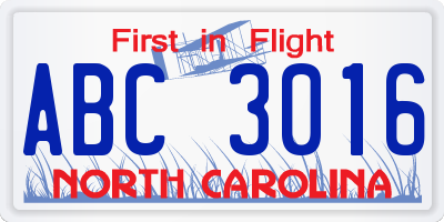 NC license plate ABC3016