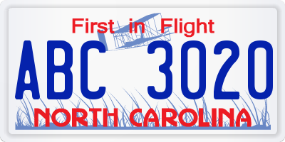 NC license plate ABC3020