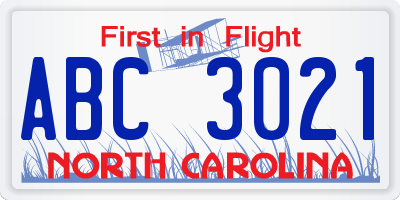 NC license plate ABC3021