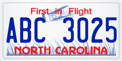 NC license plate ABC3025
