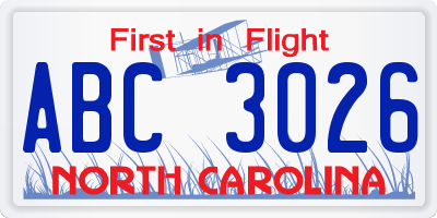 NC license plate ABC3026