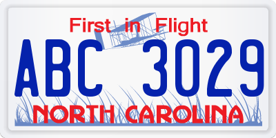 NC license plate ABC3029