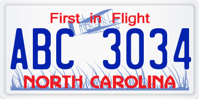 NC license plate ABC3034
