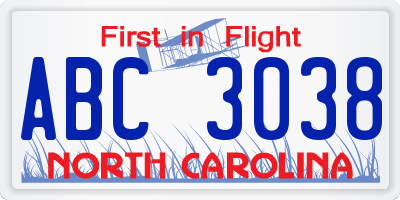 NC license plate ABC3038