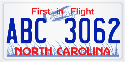 NC license plate ABC3062