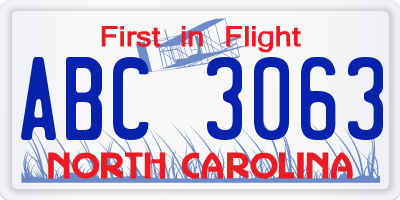 NC license plate ABC3063