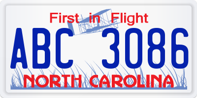 NC license plate ABC3086