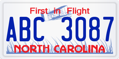 NC license plate ABC3087
