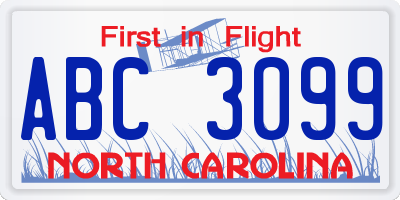 NC license plate ABC3099