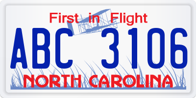 NC license plate ABC3106