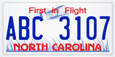 NC license plate ABC3107