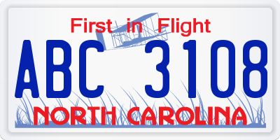 NC license plate ABC3108