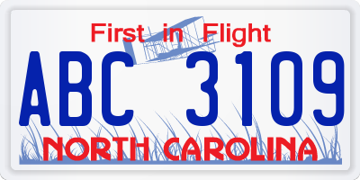 NC license plate ABC3109