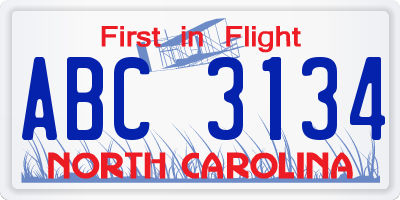 NC license plate ABC3134