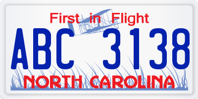 NC license plate ABC3138