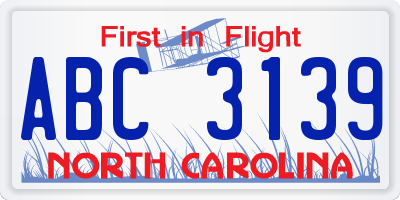 NC license plate ABC3139